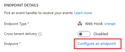 Screenshot of your 'Create Event Subscription' page in the Azure portal, showing the Endpoint Details section.