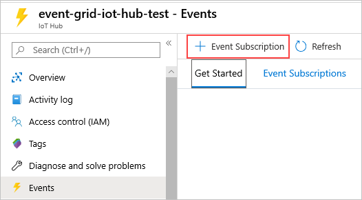 Screenshot of the working pane for your IoT hub in the Azure portal, highlighting the Event Subscription command in the command bar.