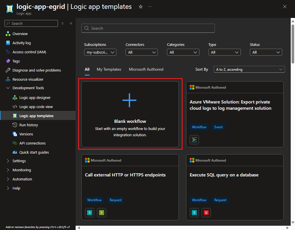 Screenshot of the logic app templates.