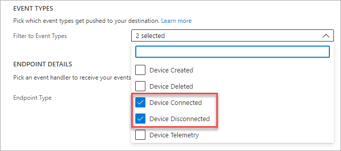 Screenshot of your 'Create Event Subscription' page in the Azure portal, showing the Event Types section.