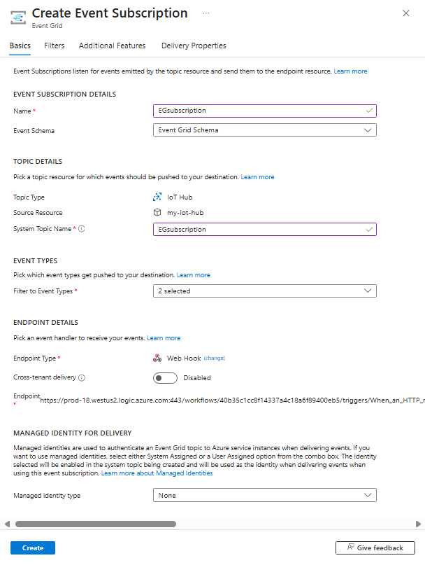 Screenshot of your 'Create Event Subscription' page in the Azure portal.