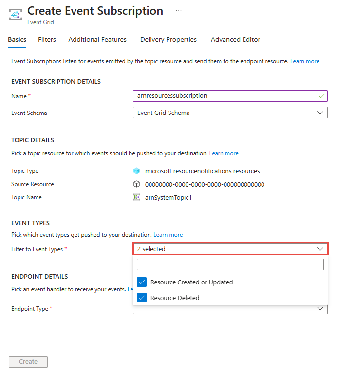 Screenshot that shows the Create Event Subscription page.