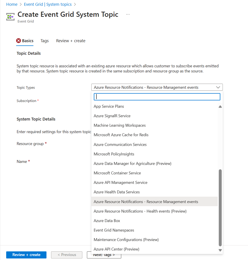 Screenshot that shows the Create System Topic page.