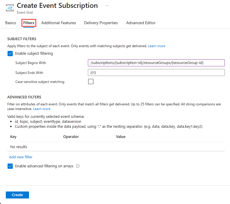 Screenshot that shows the Filters tab of the Create Event Subscription page.