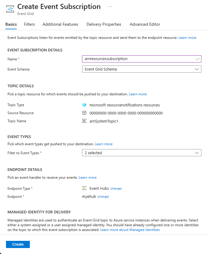 Screenshot that shows the Create Event Subscription page with an event handler.