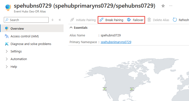 Screenshot that shows the Break Pairing and Failover menus on the Event Hubs Geo-DR Alias page.