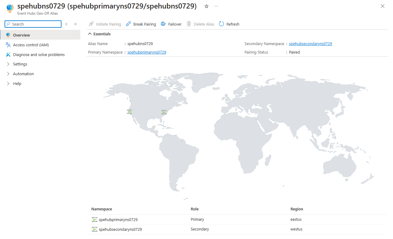 Screenshot that shows the Geo-DR Alias page showing both the primary and secondary namespaces.