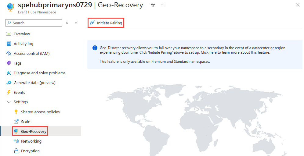Screenshot that shows the Geo-recovery page for an Event Hubs namespace with Initiate Pairing button selected.