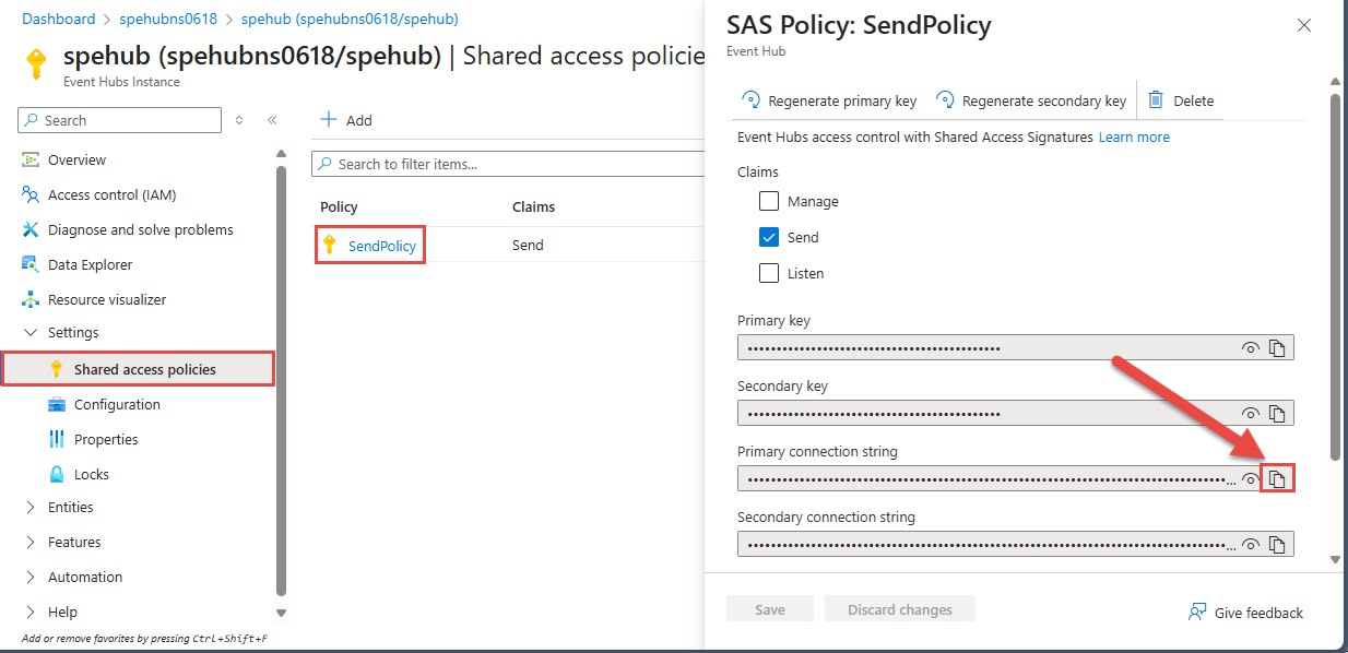 Screenshot of connection string to a specific event hub.