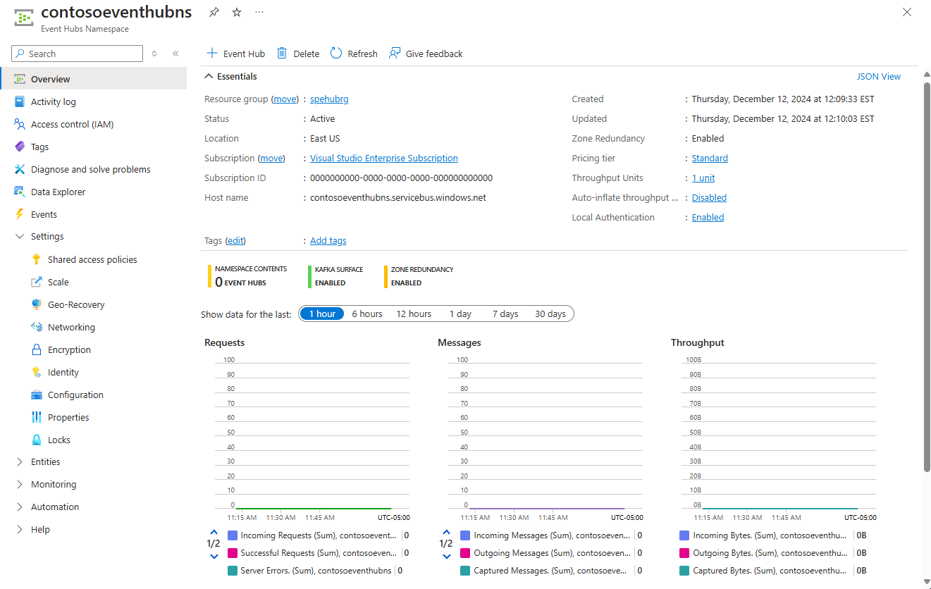 Screenshot of the home page for your Event Hubs namespace in the Azure portal.