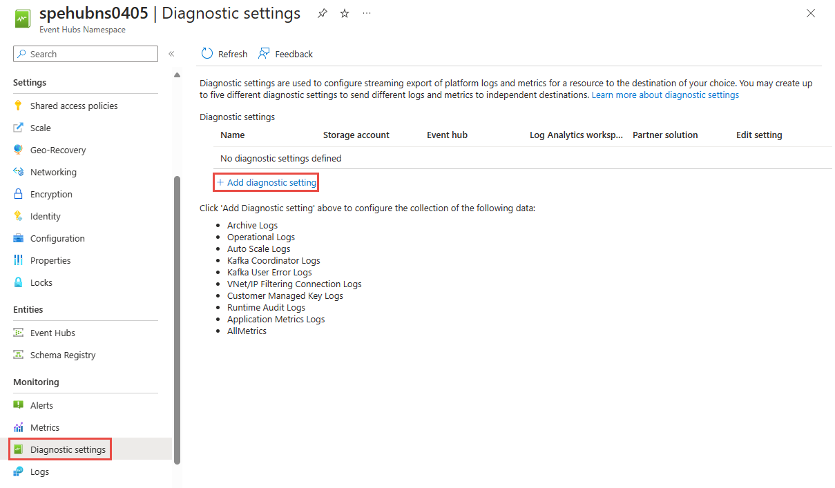 Screenshot that shows the Diagnostic settings page for an Event Hubs namespace.
