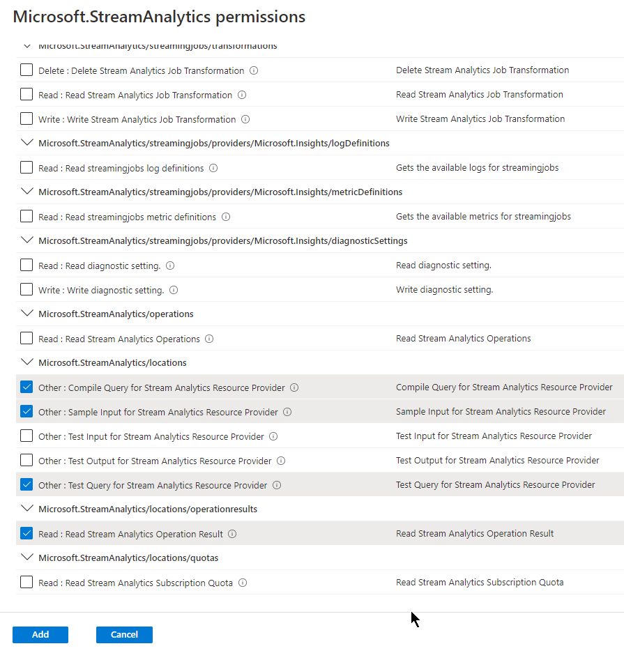 Screenshots showing Microsoft.StreamAnalytics permissions page.