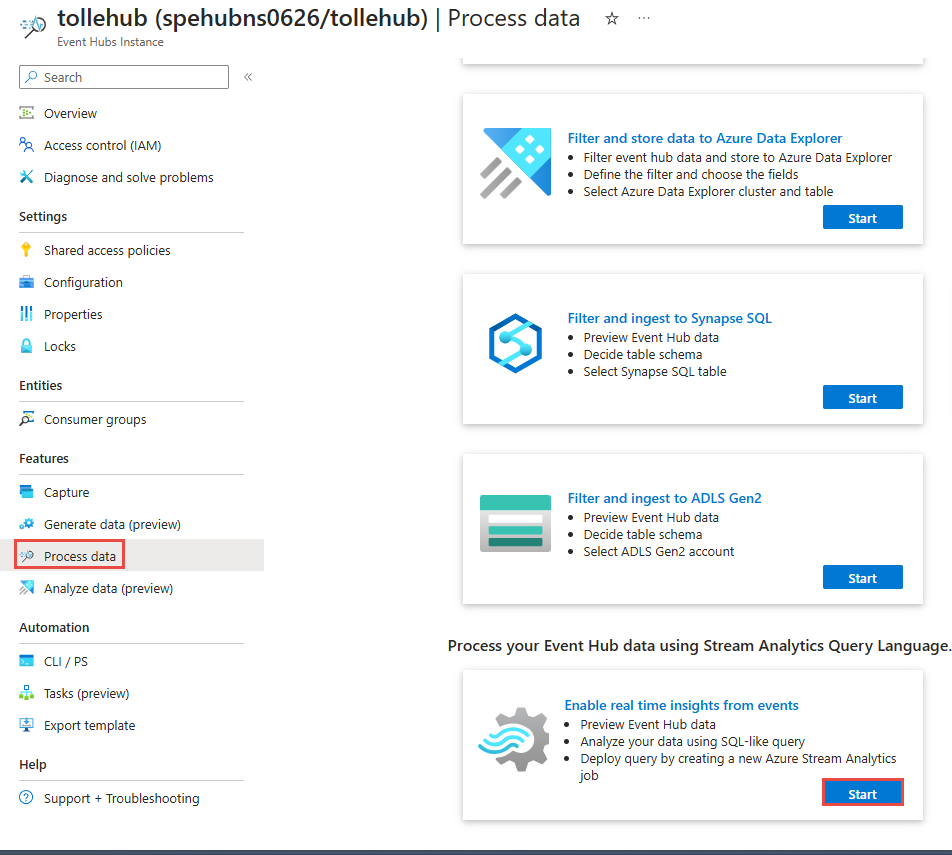 Screenshot showing the Process data page with Enable real time insights from events tile selected.