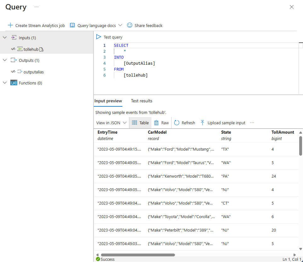 Screenshot showing the Query editor for your Stream Analytics query.