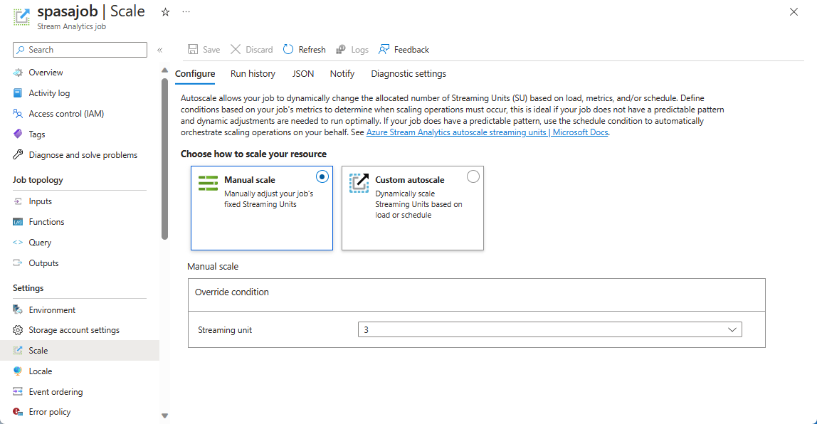 Screenshots showing the Scale page for a Stream Analytics job.