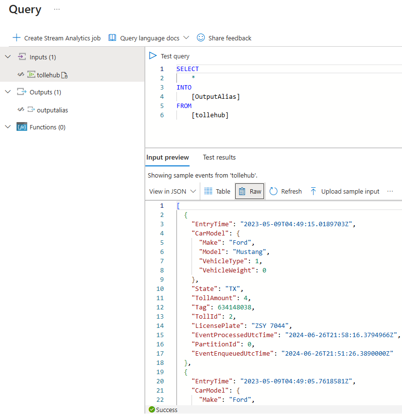 Screenshot of the Input preview window in the result pane of the Process data page in the raw format.