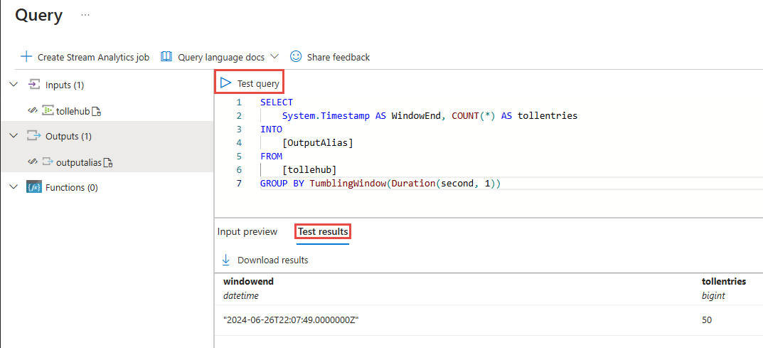 Screenshot of the Input preview window in the result pane with test results.