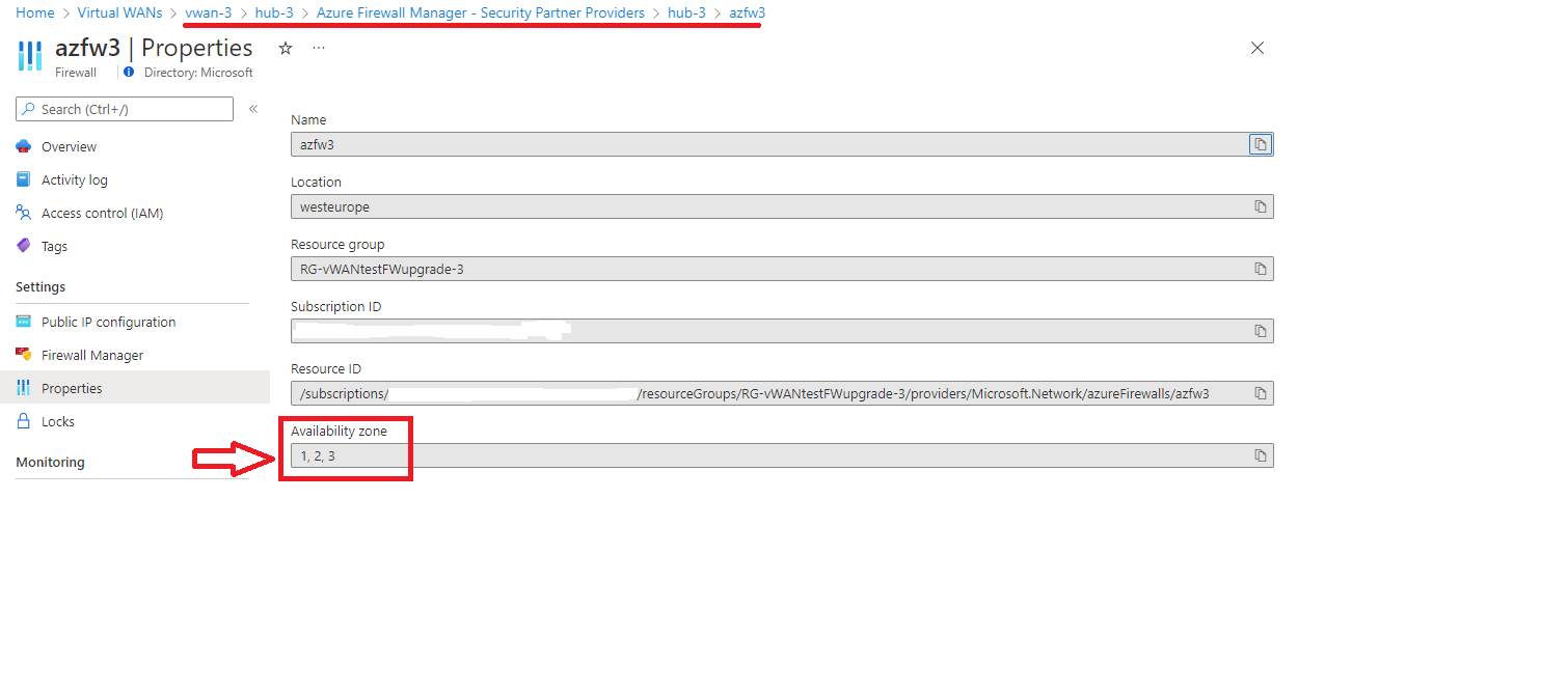 Screenshot of Secured virtual hub availability zones.