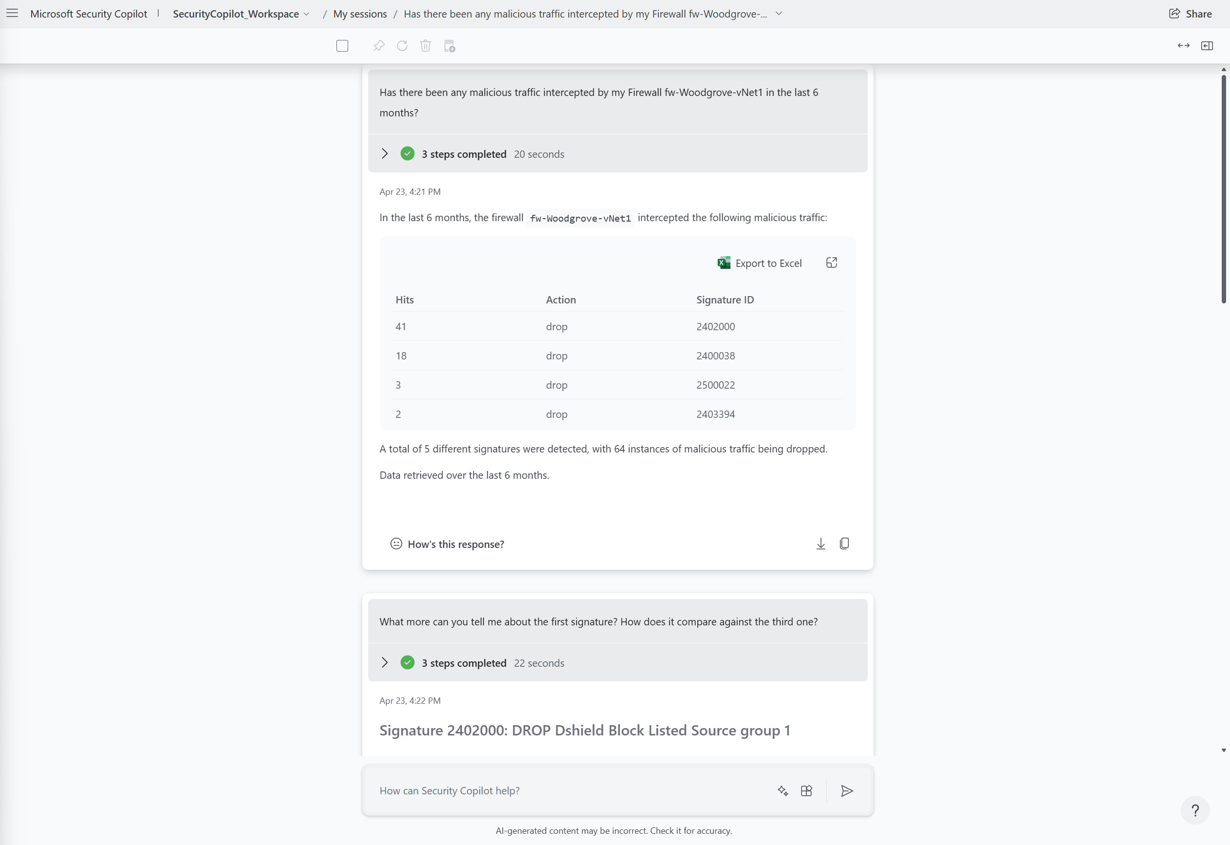Screenshot of the Security Copilot portal with a prompt relevant to Firewall.