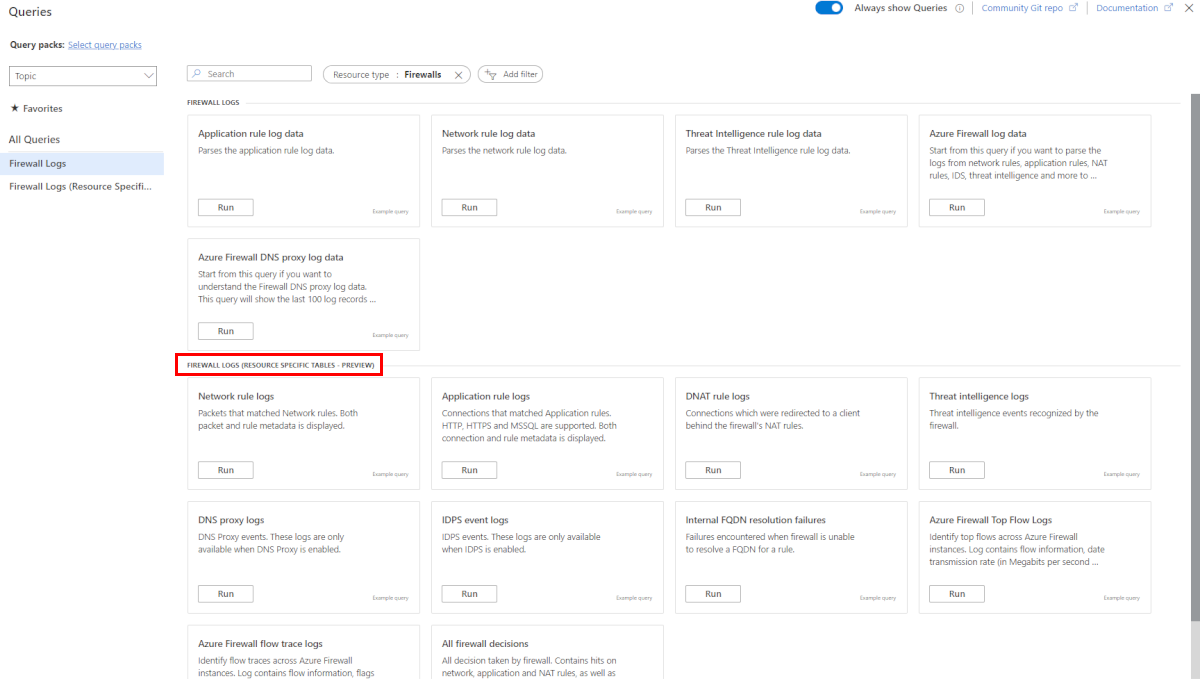 Screenshot showing Azure Firewall queries.