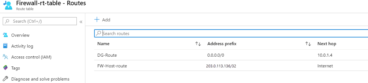 Screenshot of route table.
