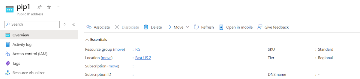 Screenshot showing the public IP address creation.