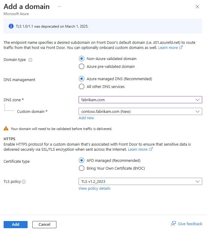 Screenshot that shows the Add a domain pane.