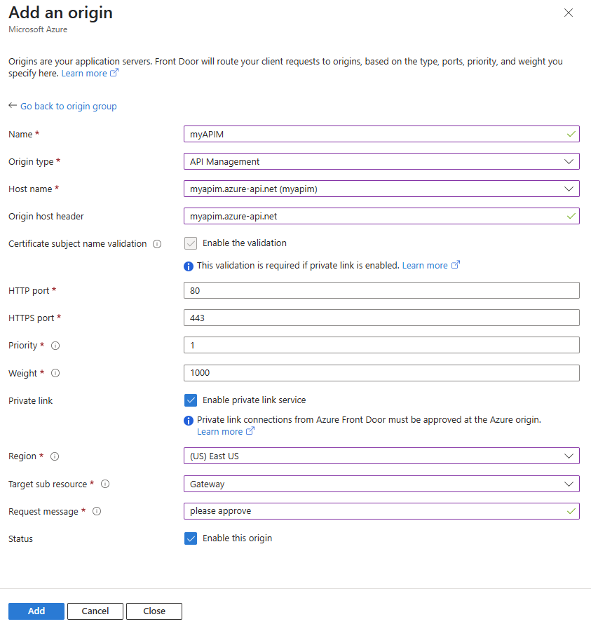 Screenshot of origin settings for configuring API Management as a private origin.