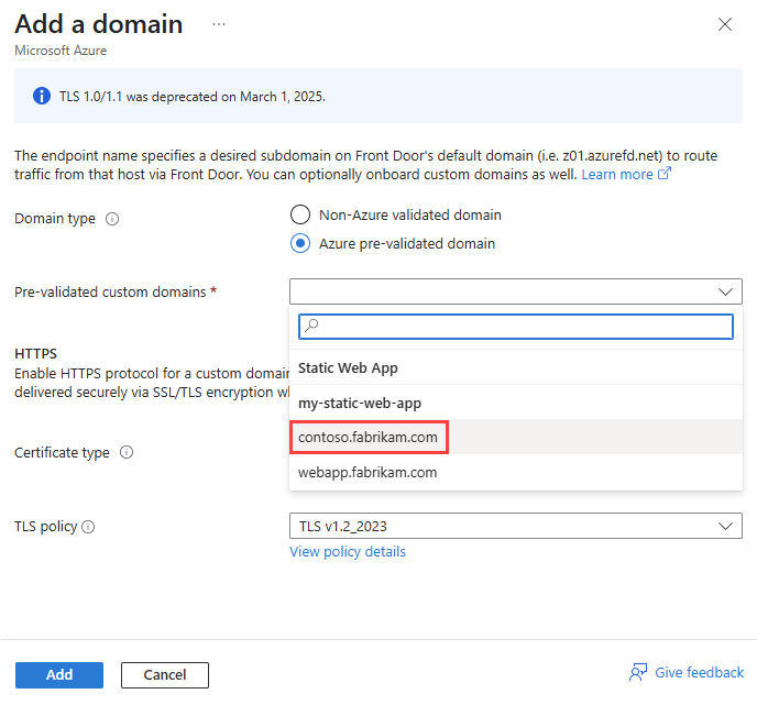 Screenshot that shows Prevalidated custom domains on the Add a domain pane.