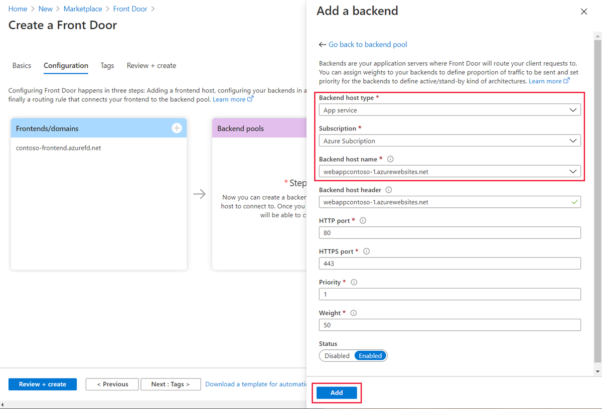 Add a backend host to your Front Door.