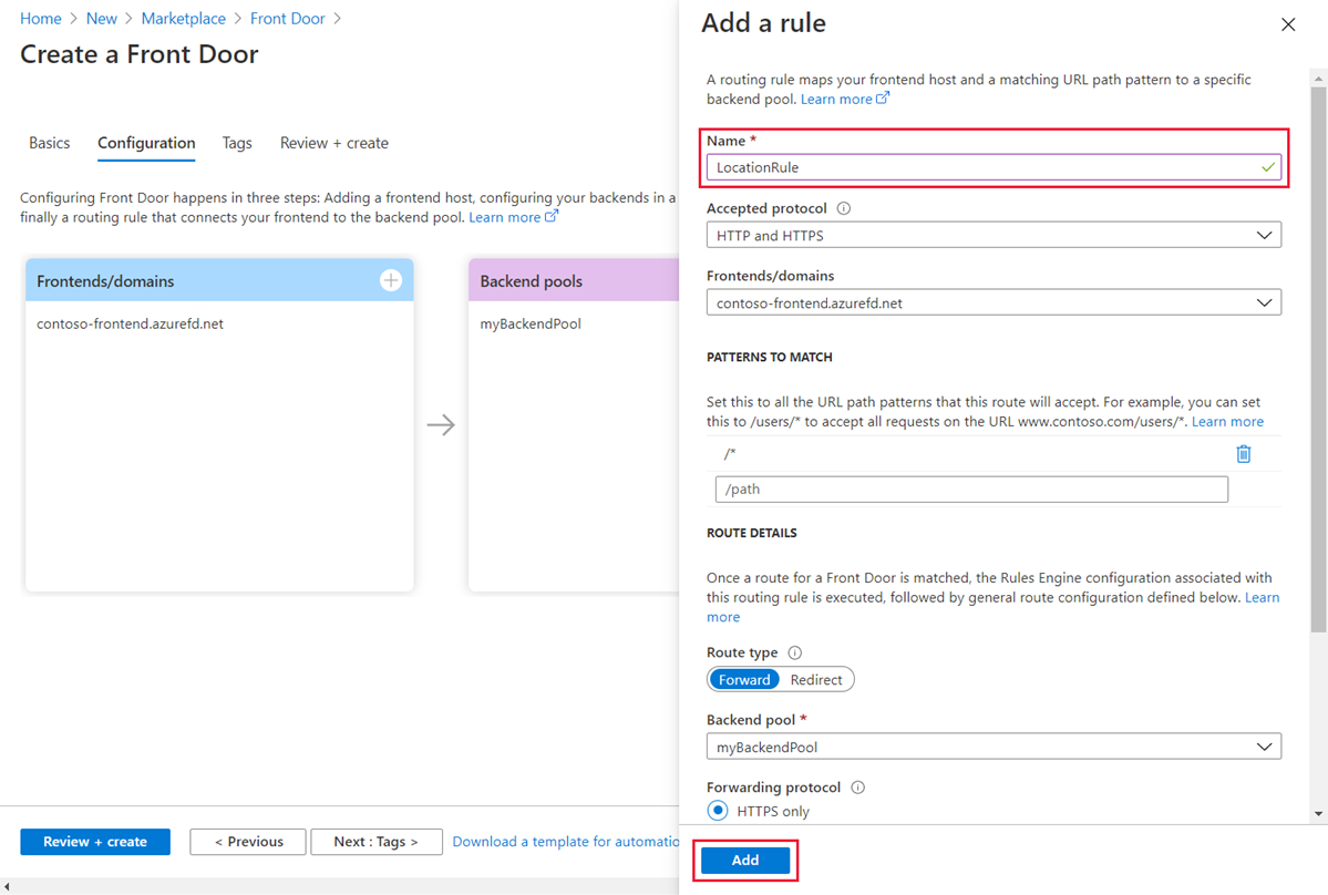 Screenshot showing Add a rule when creating Front Door.