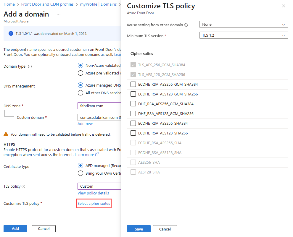 Screenshot that shows how to customize your TLS policy.