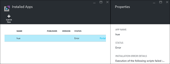 Screenshot of HDInsight application installation error.