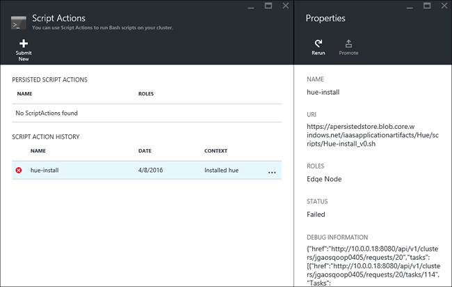 Screenshot of HDInsight applications script action error.