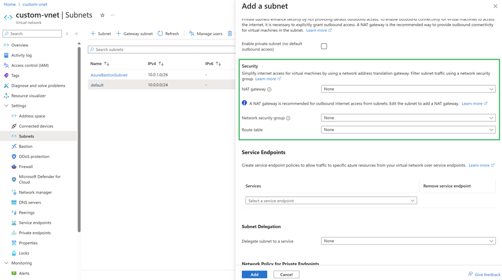 Screenshot showing how to create a subnet.