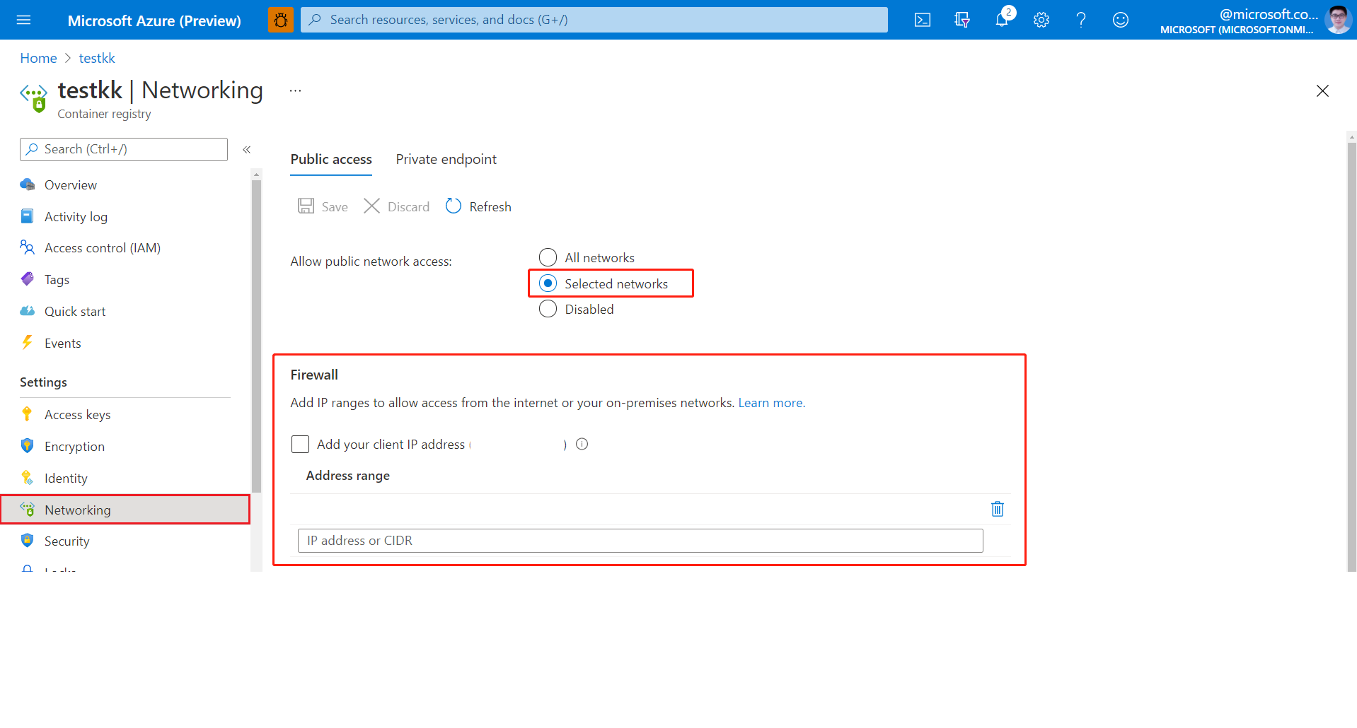 Screen image of the container registry.