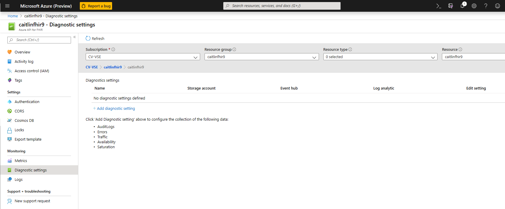 Add Azure FHIR Diagnostic Settings.