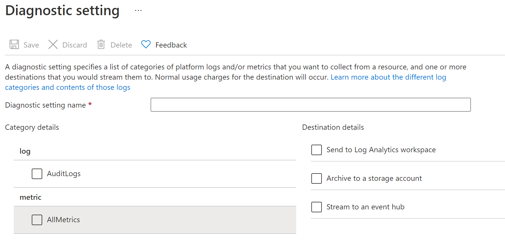 Azure FHIR Diagnostic Settings. Select AuditLogs and/or AllMetrics.
