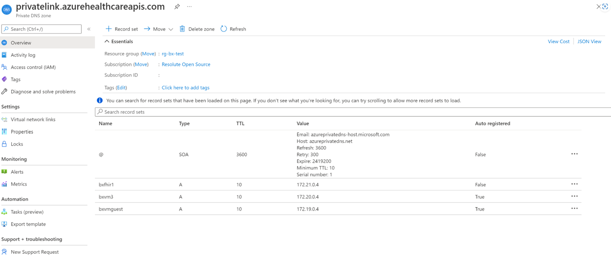 Screenshot of Private Link FHIR and VM Private IP Addresses.