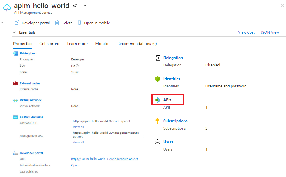 Screenshot that shows the APIs selection on the Overview page.