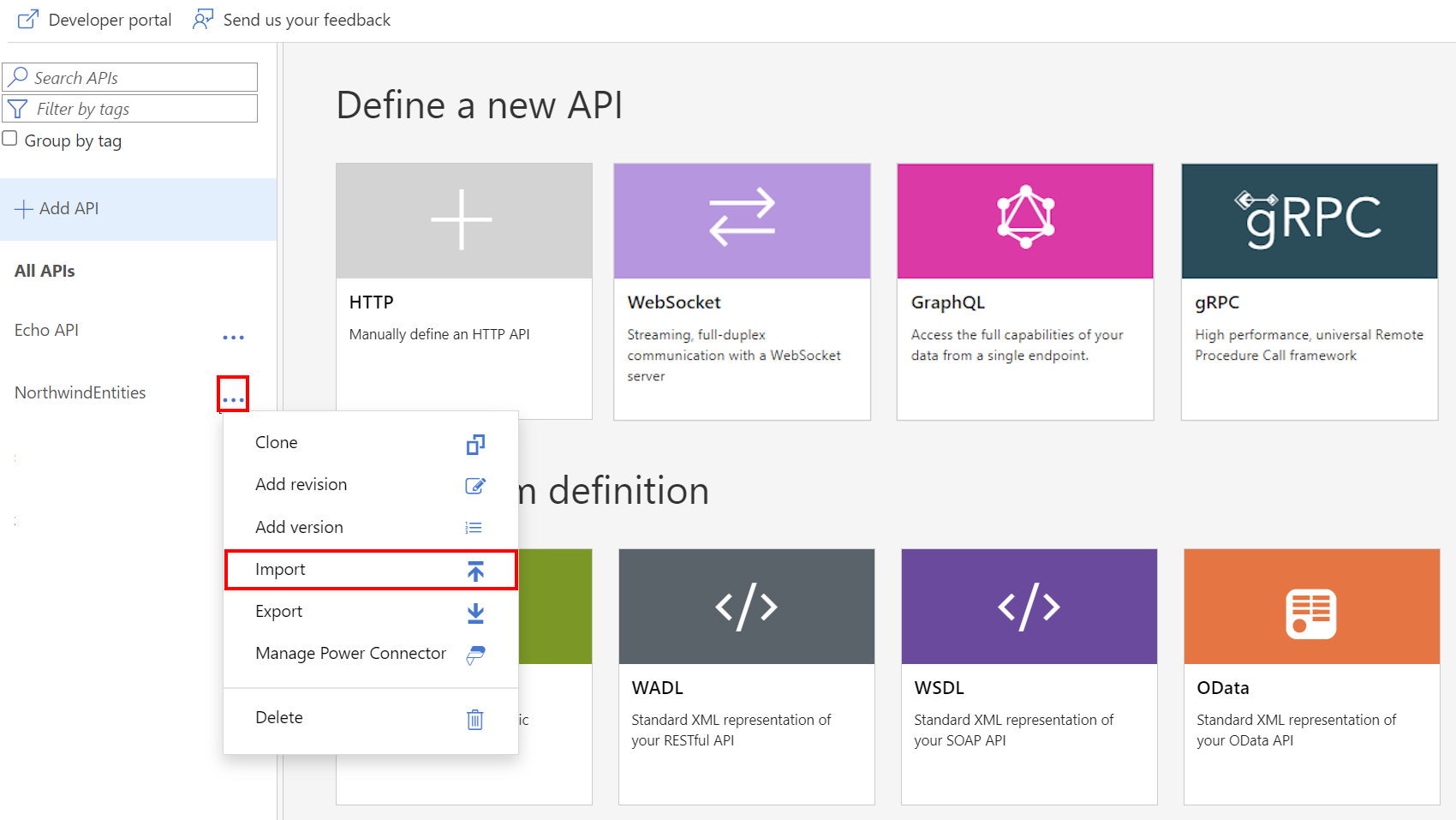 Screenshot that shows the Import command.