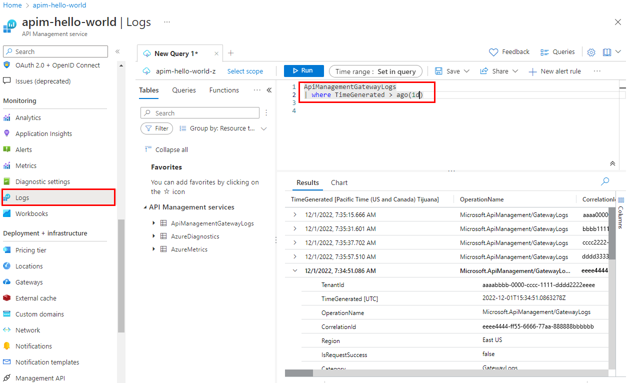 Screenshot of querying ApiManagementGatewayLogs table in the portal.