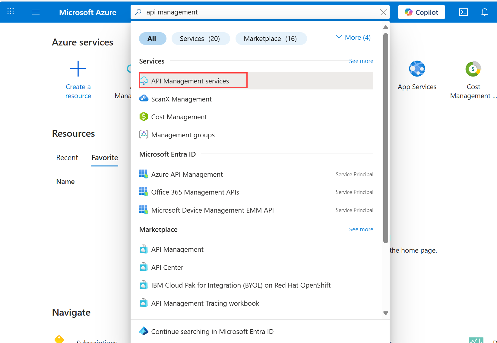 Screenshot that shows API Management services in the search results.