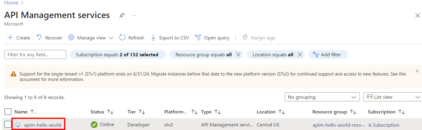 Screenshot that shows an API Management instance on the API Management services page.