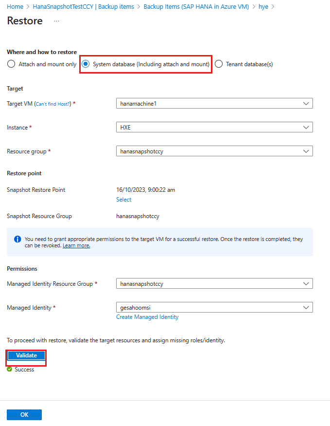 Screenshot shows how to restore database including attach and mount disks to target VM.