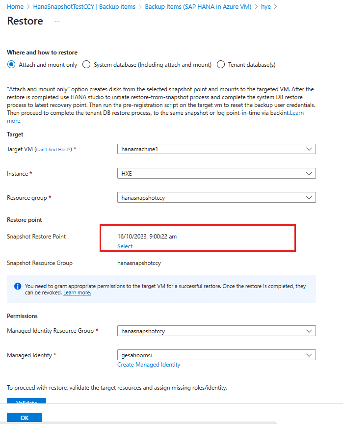 Screenshot showing to select HANA snapshot recovery point.