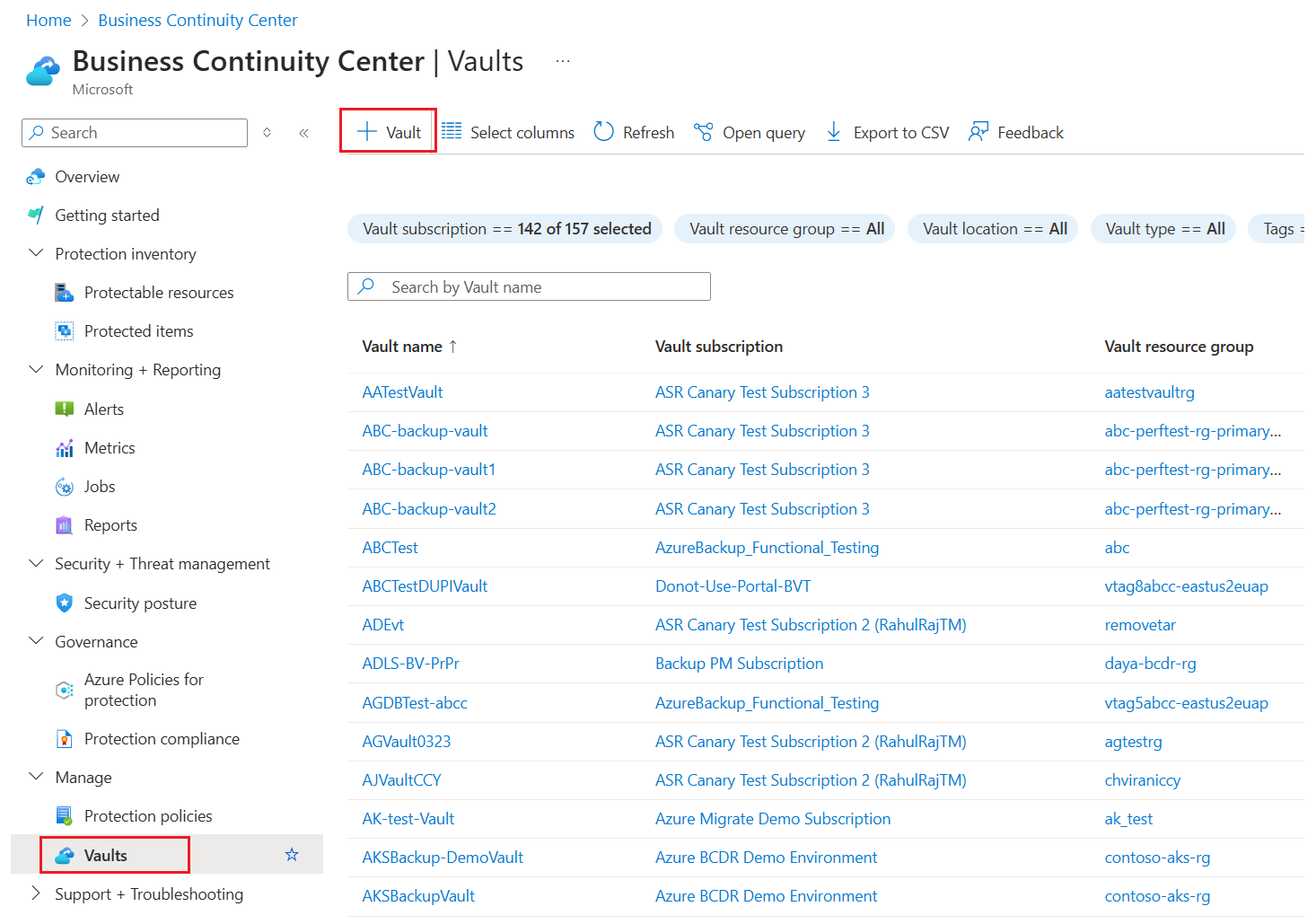 Screenshot that shows how to start creating a Recovery Services vault.
