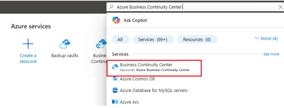 Screenshot that shows where to search for and select Business Continuity Center.
