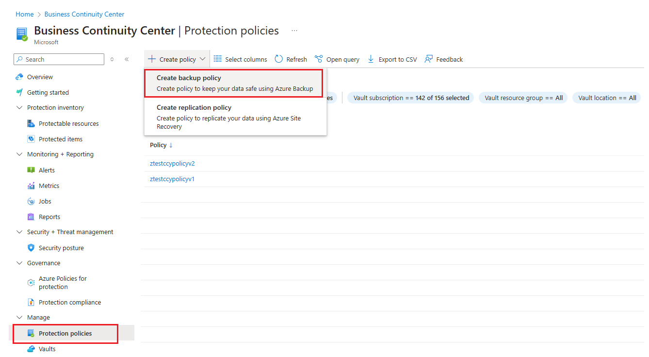 Screenshot shows how to initiate adding backup policy for vaulted blob backup.