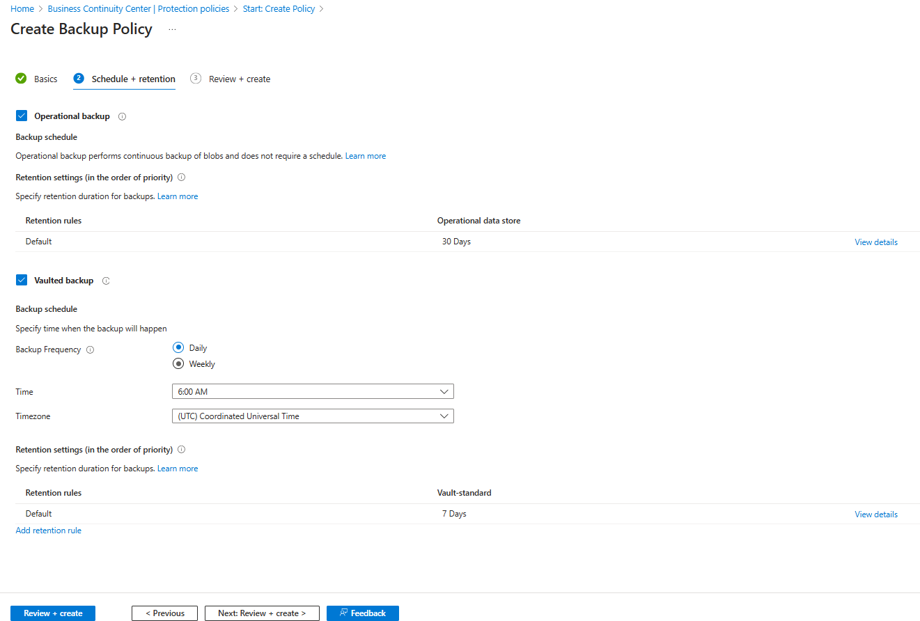 Screenshot shows how to configure vaulted blob backup schedule and retention.